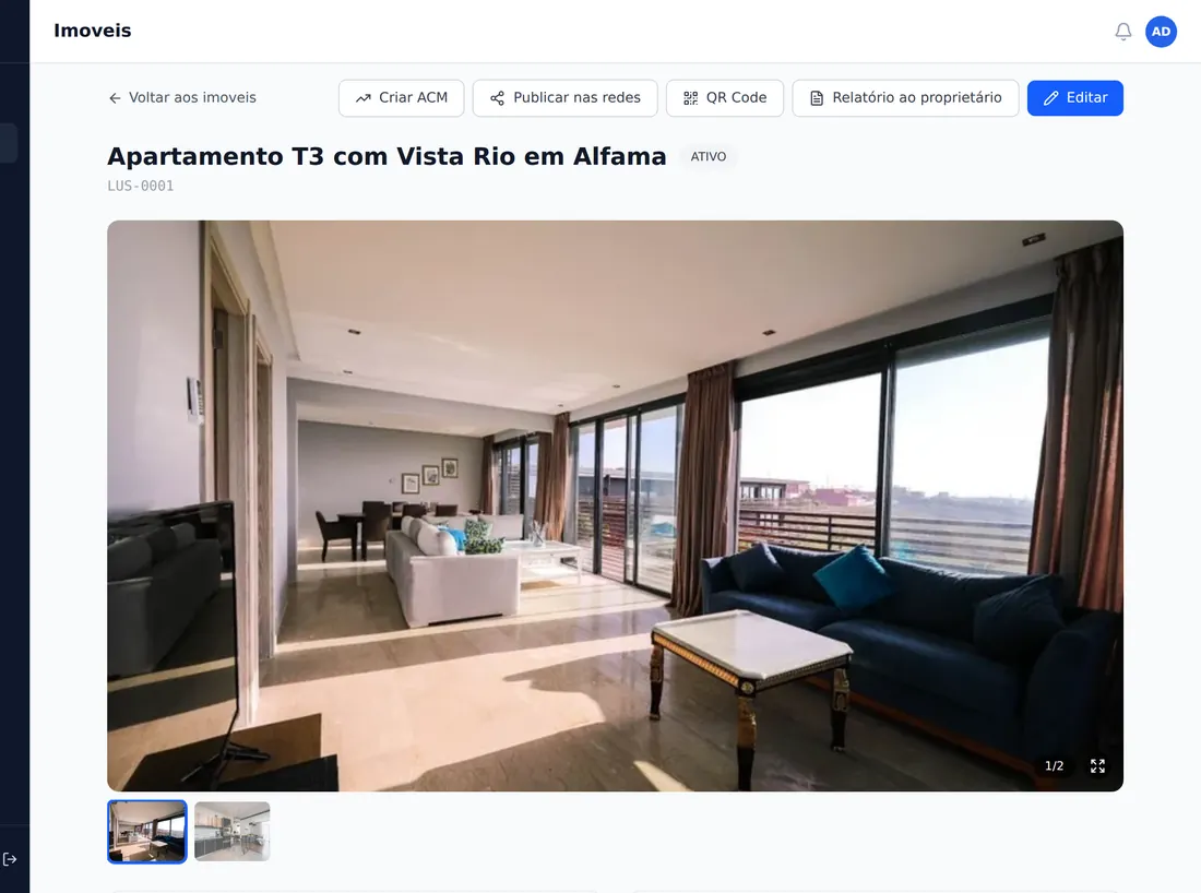Ficha de um imóvel no Imobigest, com galeria e atalhos para ACM, QR code e relatório ao proprietário